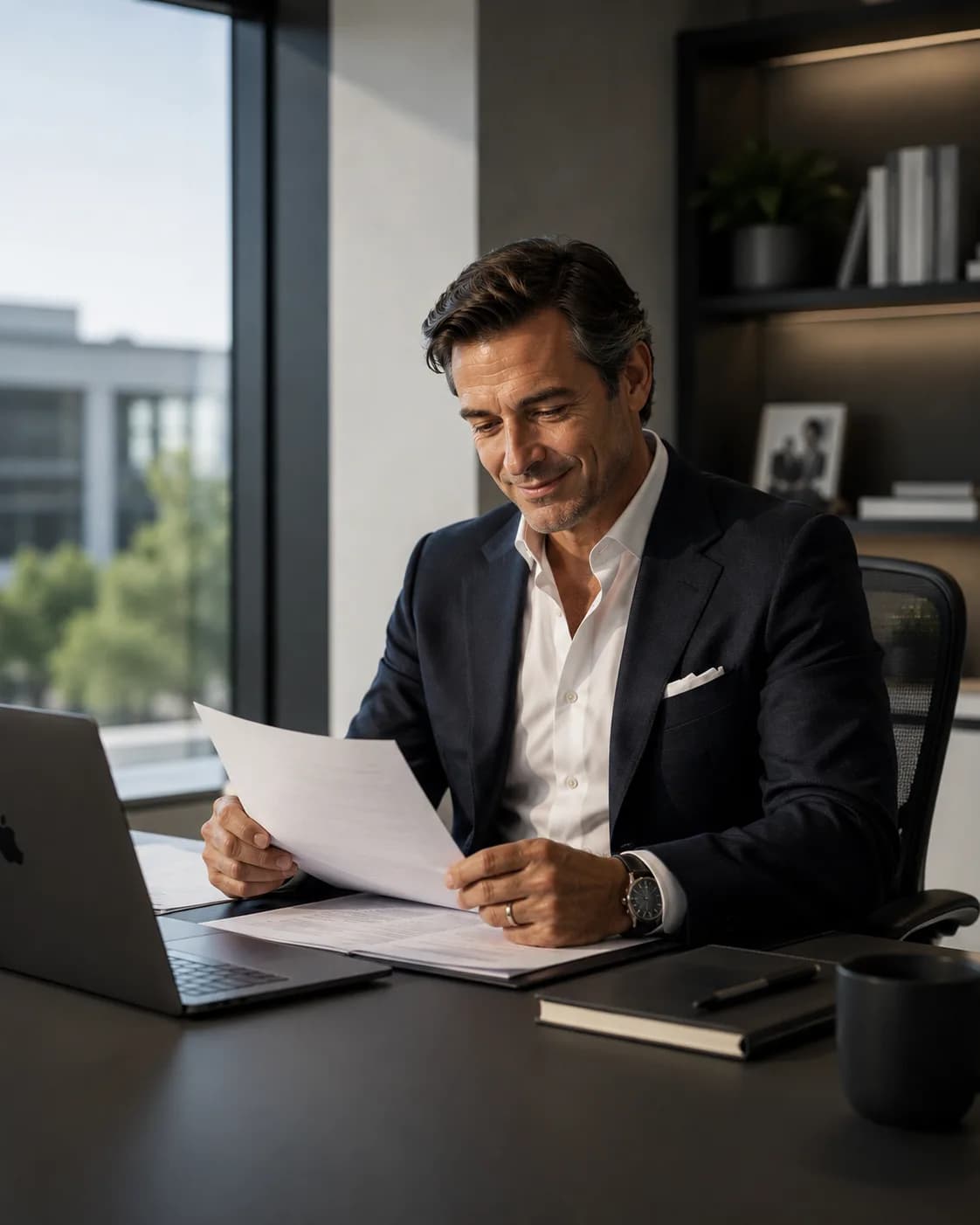 Executive seated at a desk reviewing documents in a refined home office