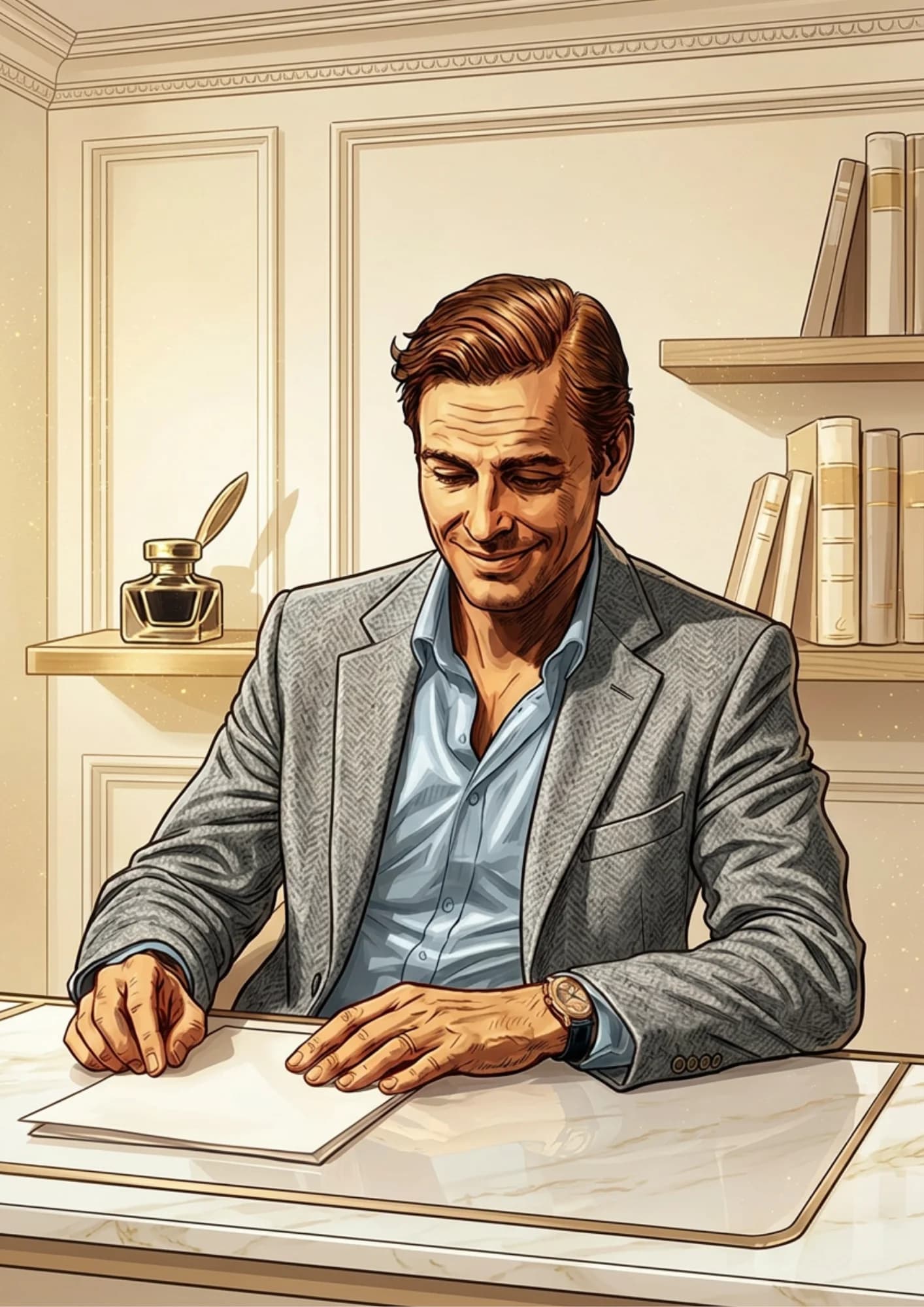 Executive seated at a desk reviewing documents in a refined home office