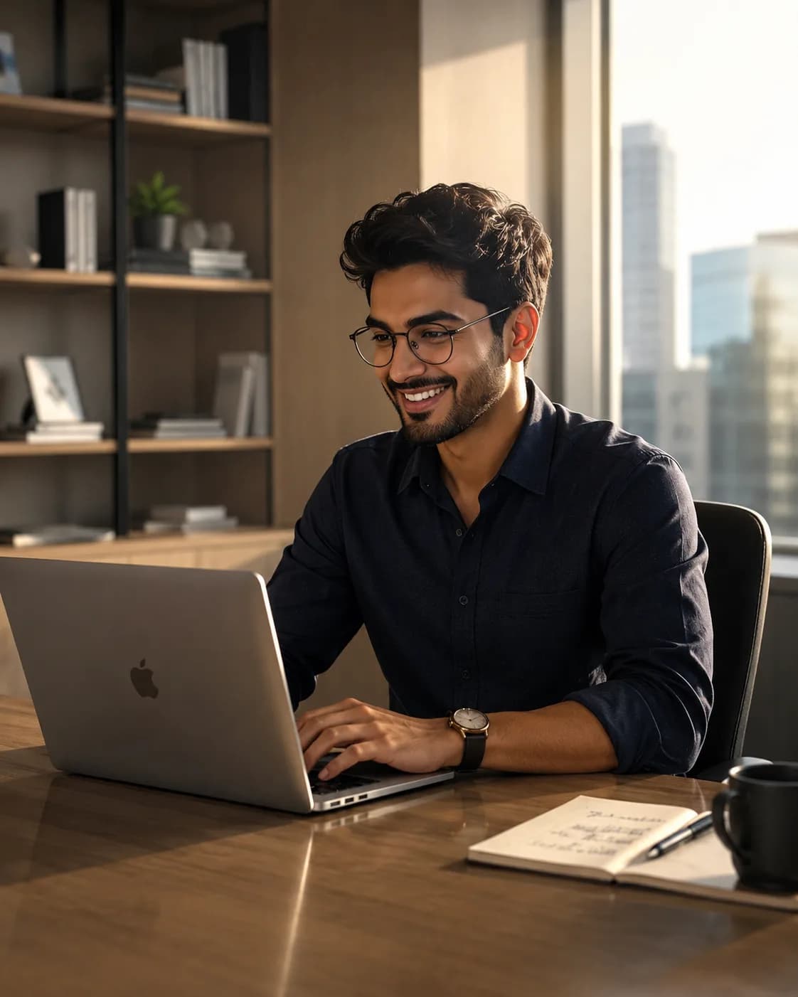Professional man working at a laptop in a refined office